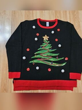 Holiday Time Knit Festive Christmas Tree Sweater With Sequin Detail & Bells